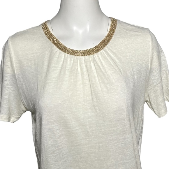 MAJE Tellor Embellished Linen T-Shirt Top Ivory/Cream Gold Trim Size 2 (Medium) - Picture 2 of 9